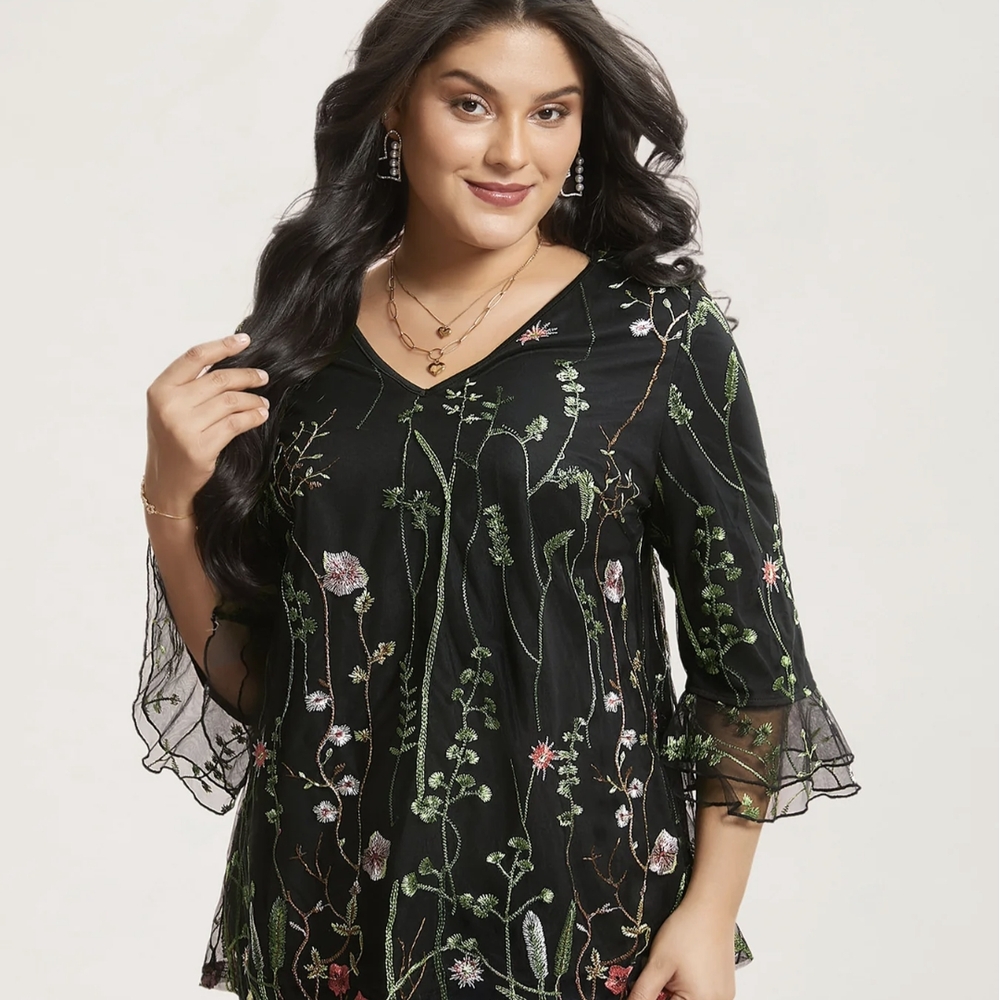 BloomChic Black Top with Floral Embroidery